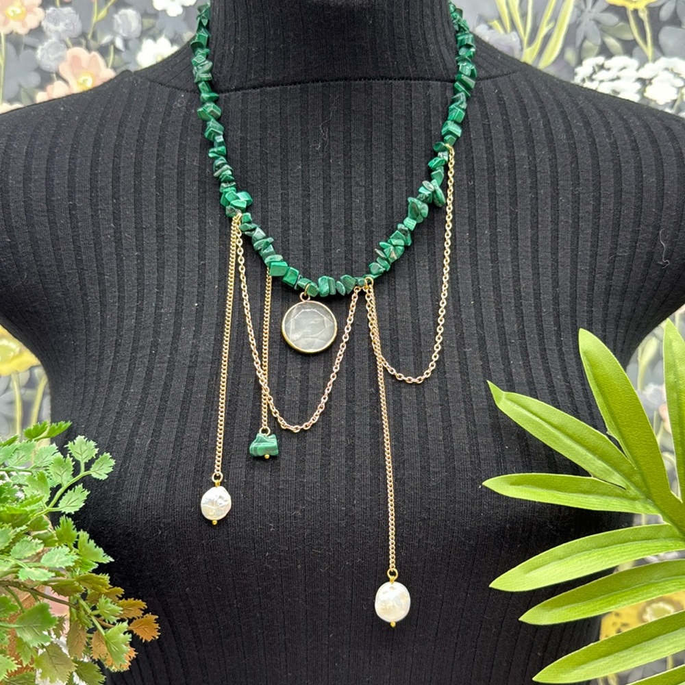 🌟Adorned Crown Jewelry assemblage malachite quartz pearl drop necklace